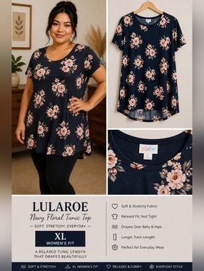 Women's Navy Floral Short Sleeve Stretchy Tunic Lularoe Size XL 14/16 Summer Top